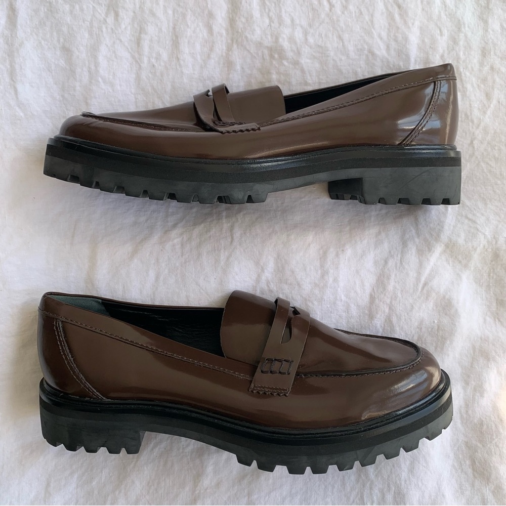 Reformation Agathea Chunky Loafer Leather Patent Shiny Platform Shoes Espresso - Picture 6 of 12